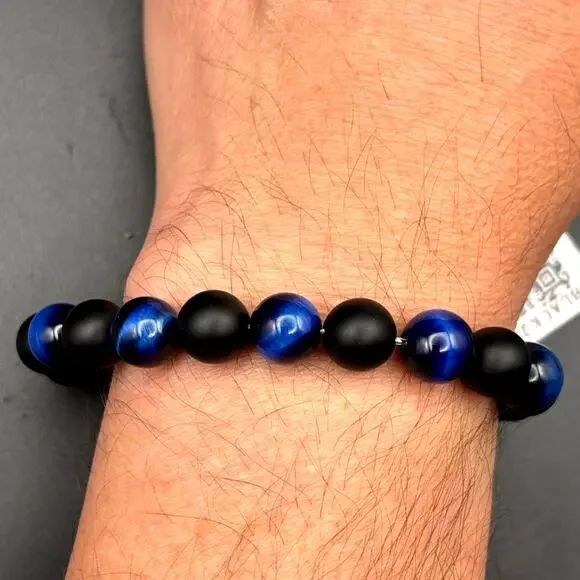 Blackjack BJB244BTN Men’s Blue Tiger Eye Onyx Beaded Bracelet 10mm NIBWT